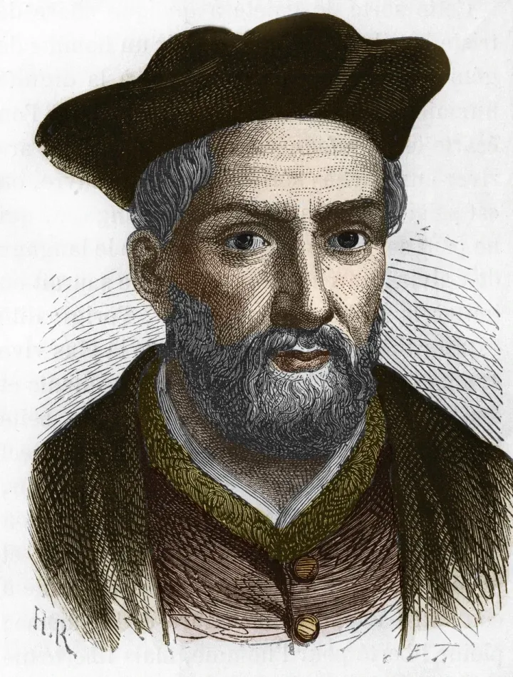 Engraved portrait of François Rabelais, bearded, wearing a doctor's cap